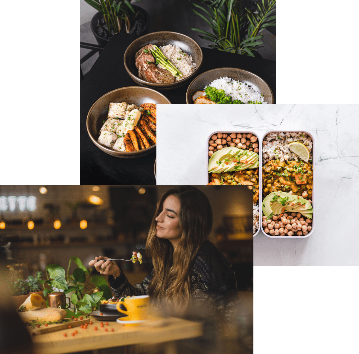 Woman enjoying food, meals in storage containt, and food bowls on a table